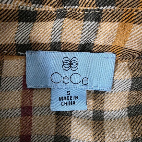 Cece Womens Plaid Button-Down Blouse With Black Bow Tie Collar, Small - Picture 4 of 8